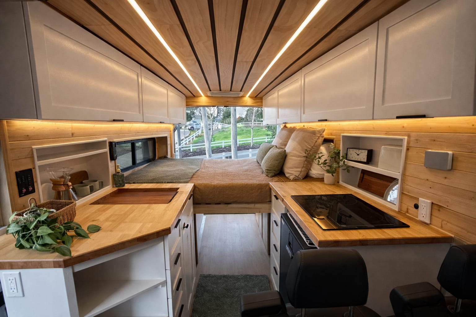 Haven Transit van interior — living area and bed